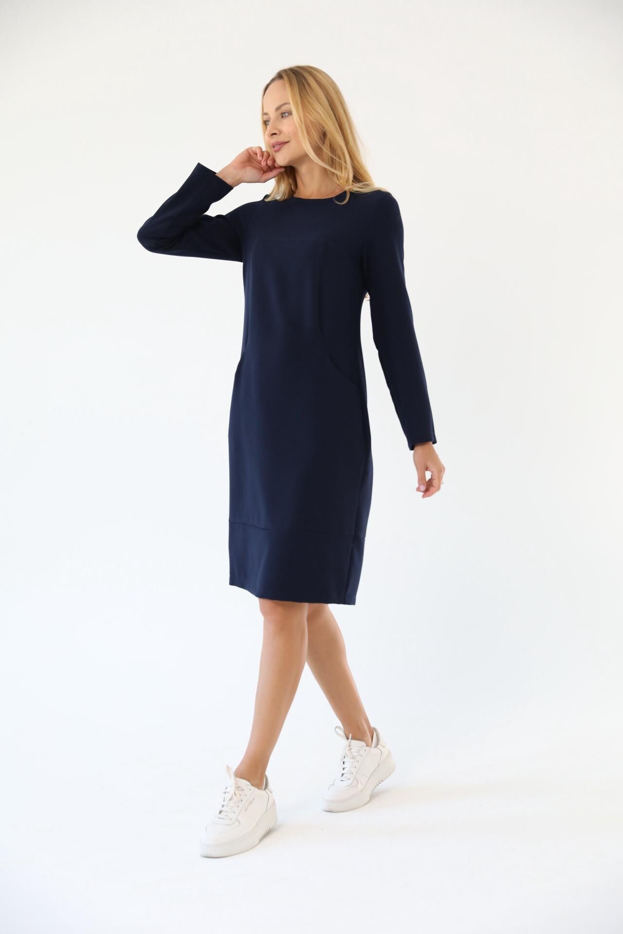 Long-Sleeve Linen Midi Dress
