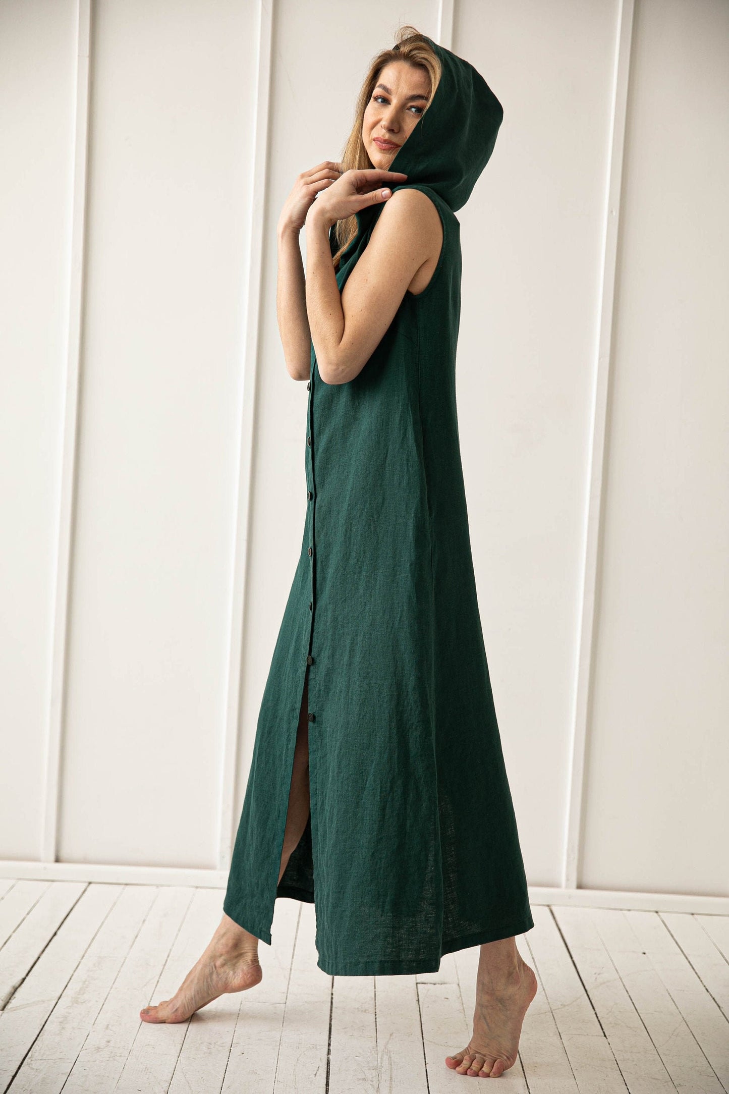 Long Hooded Linen Coat Dress