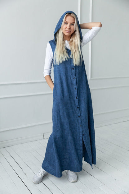 Long Hooded Linen Coat Dress