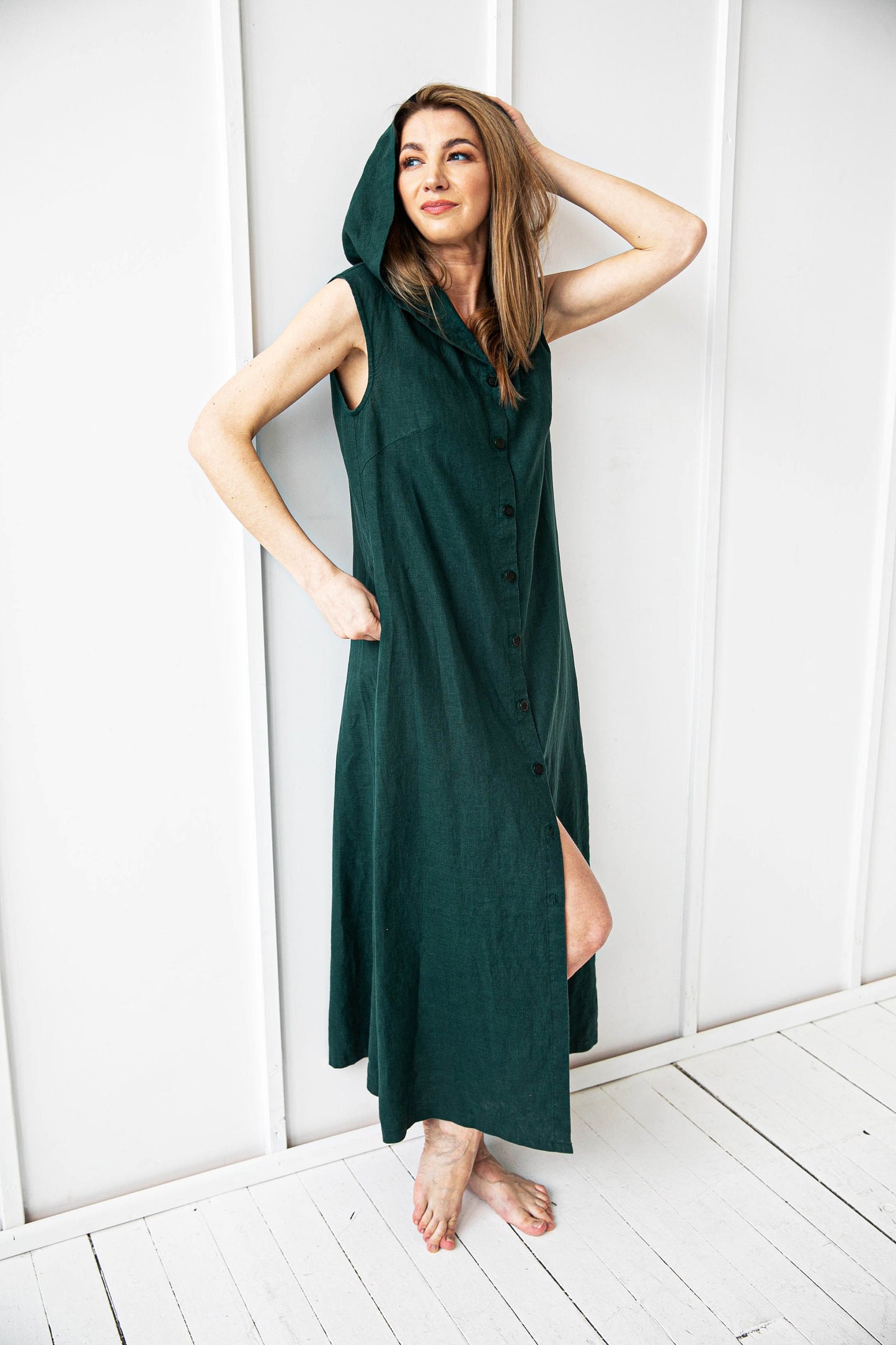 Long Hooded Linen Coat Dress