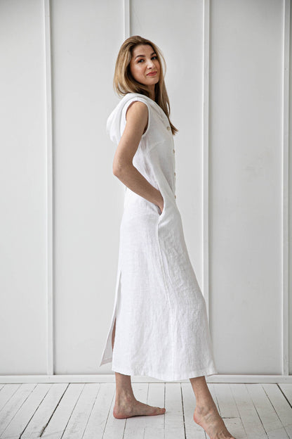 Long Hooded Linen Coat Dress