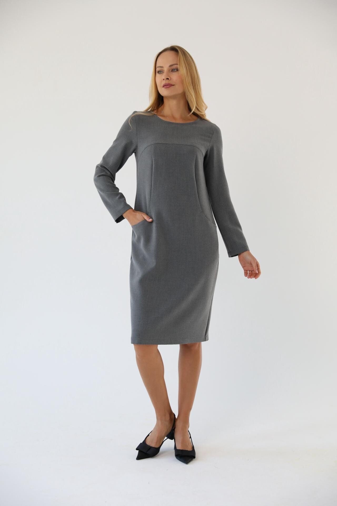 Linen Long-Sleeve Midi Dress